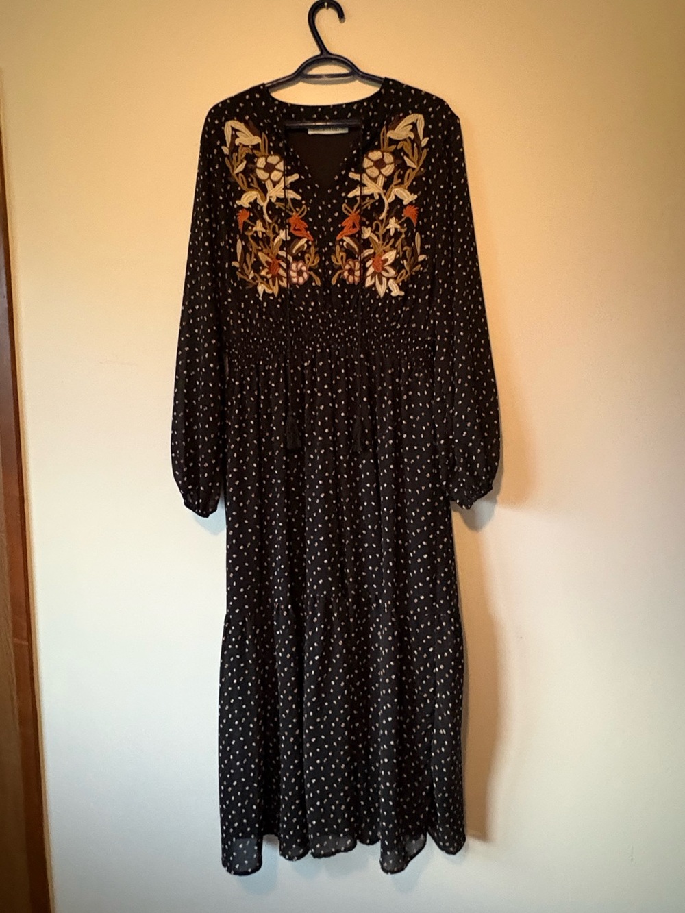 SHEIN Black Long Sleeve Polka Dot Maxi Dress with Embroidered Yoke